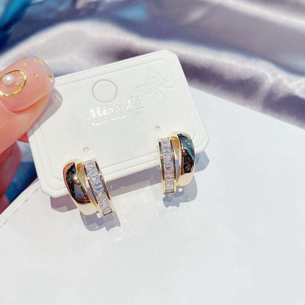 NEW YELLOW GOLD PLATED DIAMOND DOUBLE HOOPS - Picture 4 of 4